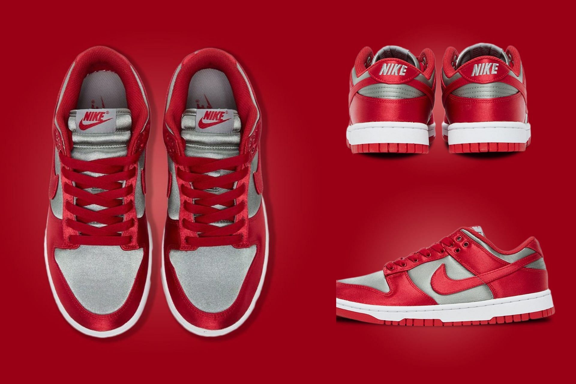 A detailed look at the upcoming Nike Dunk Low Satin UNLV sneakers (Image via Sportskeeda)