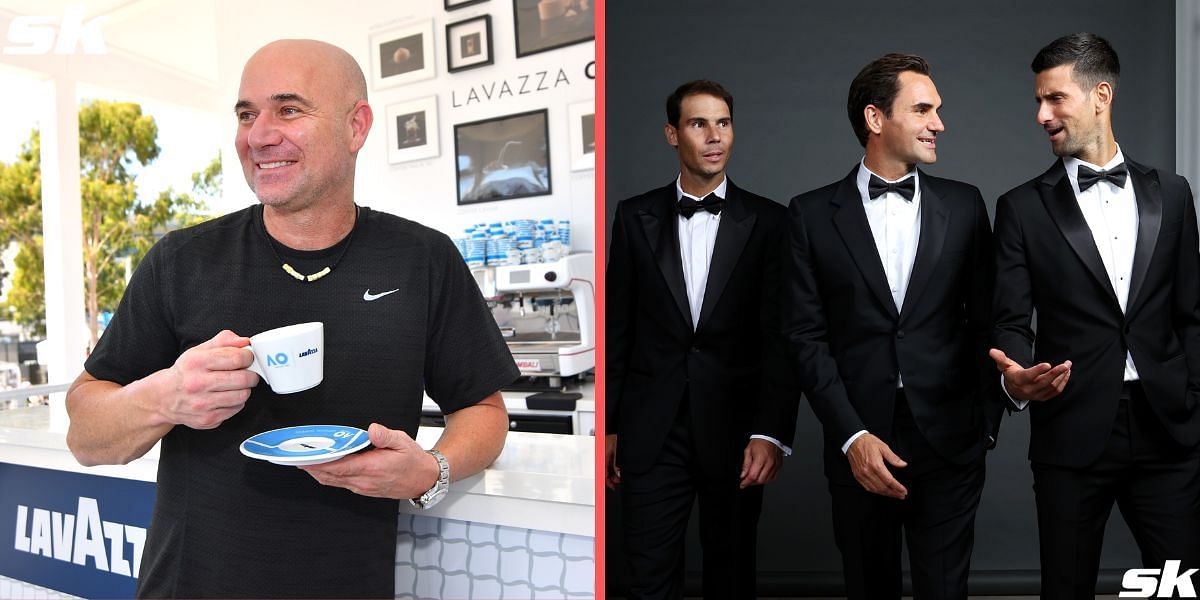 Andre Agassi (L), Rafael Nadal, Roger Federer and Novak Djokovic (R)