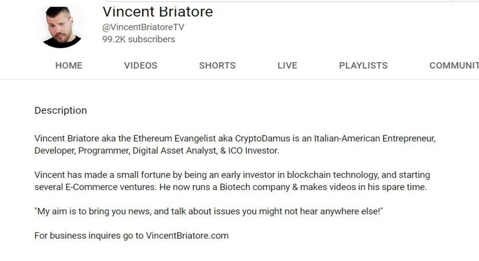 YouTube description of Vincent Briatore (Image via YouTube/Vincent Briatore)