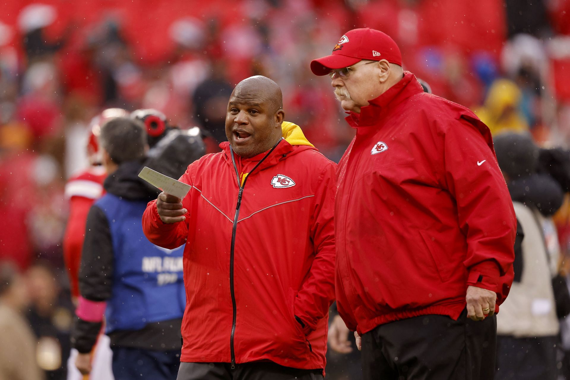 Eric Bieniemy and Andy Reid: AFC Divisional Playoffs - Jacksonville Jaguars v Kansas City Chiefs