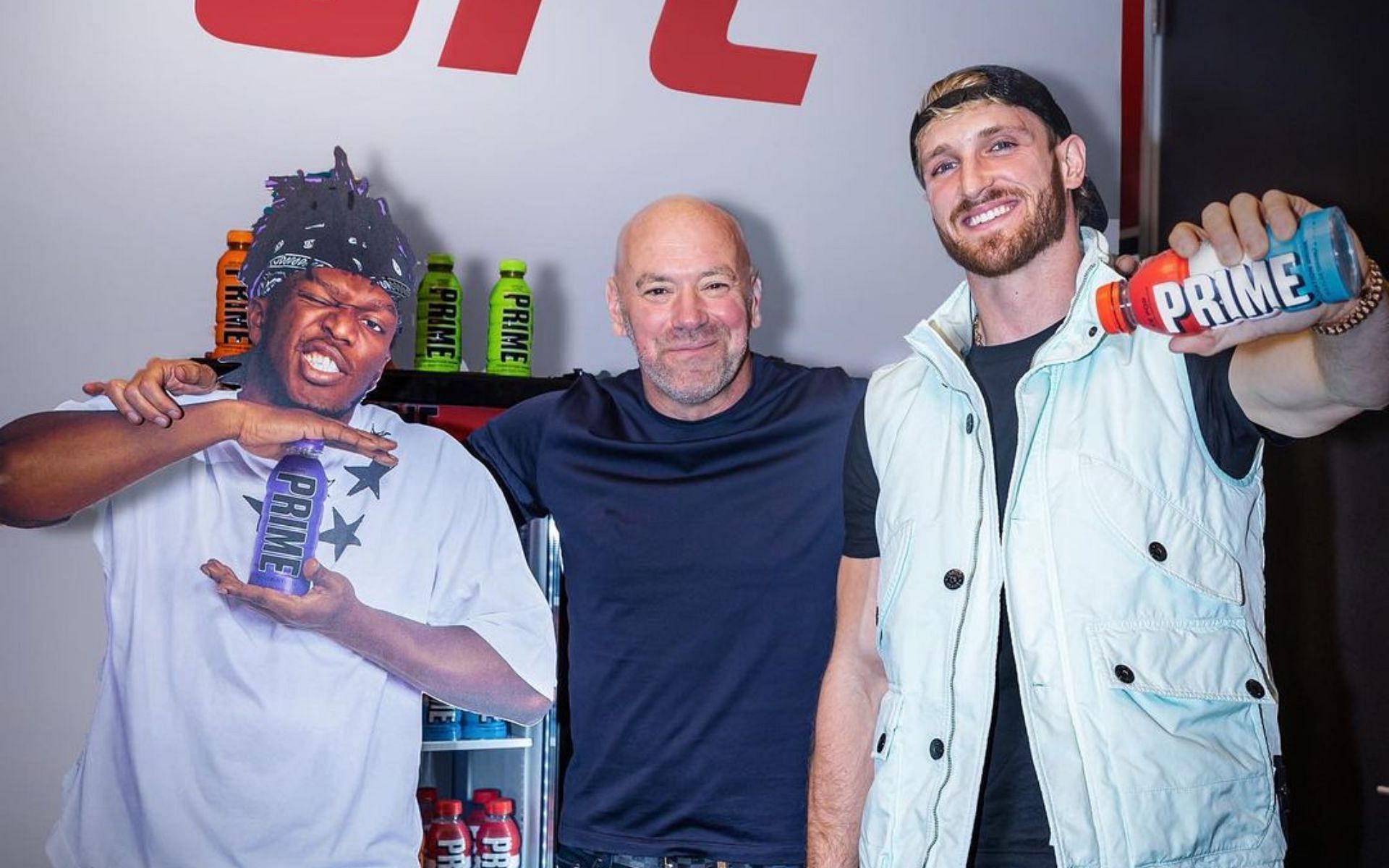 A car board cut of of KSI (left) Dana White (center) Logan Paul (right) [Image courtesy @drinkprime @ufc on Instagram]