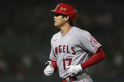 OAKLAND, CALIFORNIA - OCTOBER 04: Shohei Ohtani #17 of the Los Angeles Angels looks on after batting in the top of the sixth inning against the Oakland Athletics at RingCentral Coliseum on October 04, 2022 in Oakland, California.