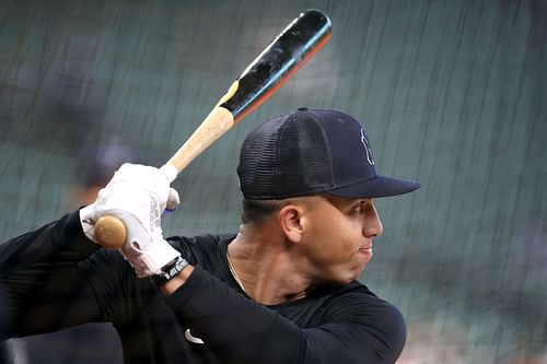 Oswald Peraza of the New York Yankees warms up before a game at Minute Maid Park.