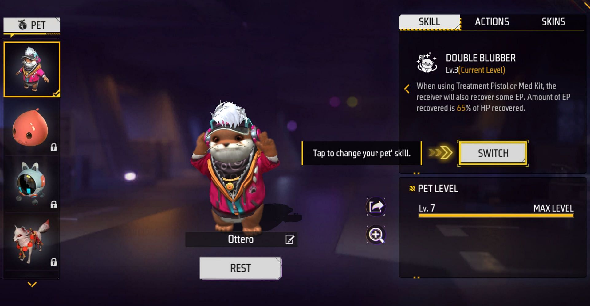 Select the appropriate pet and click the edit icon beside the current name (Image via Garena)
