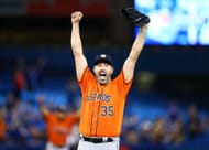 Justin Verlander #35 of the Houston Astros reacts after throwing a no hitter at the end of the ninth inning against the Toronto Blue Jays at Rogers Centre on September 01, 2019 .