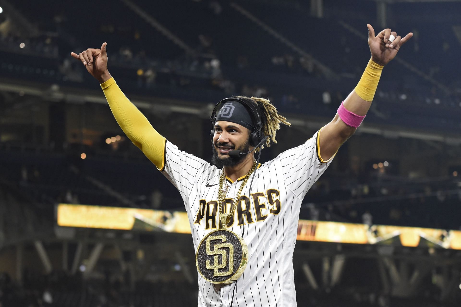 Fernando Tatis Jr. #23 celebrates after the Padres beat the Arizona Diamondbacks 11-5 in a baseball game at Petco Park on June 25, 2021 in San Diego, California.