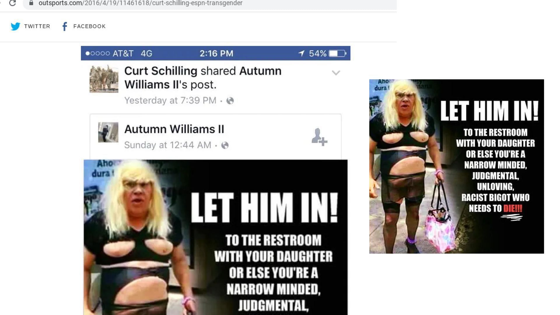Deleted Facebook post of Curt Schilling shared by Outsports on their blog.
