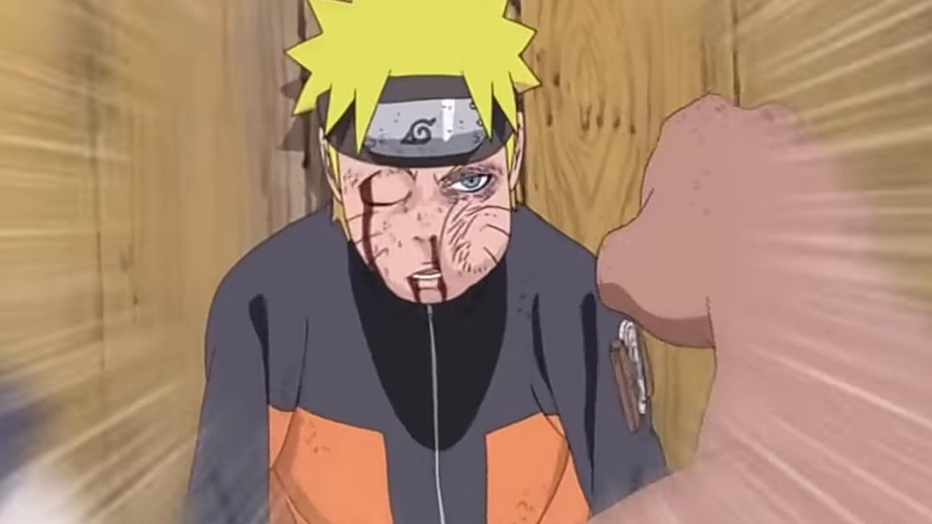 Karui punching a badly bruised Naruto as seen in the anime (image via Pierrot)