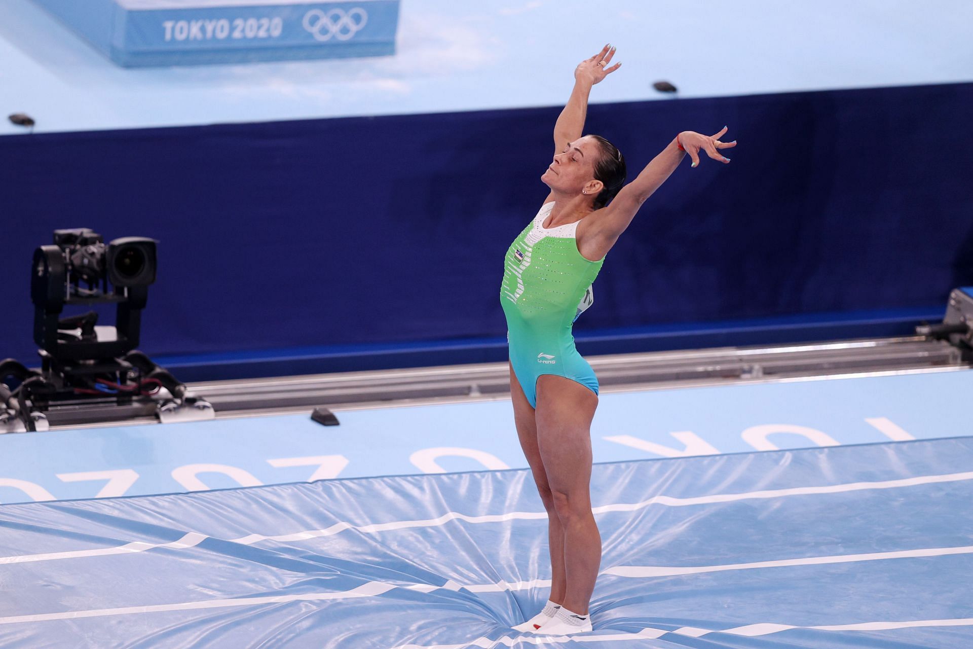 Oksana Chusovitina of Team Uzbekistan competes on vault during Women&#039;s Qualification on day two of the Tokyo 2020 Olympic Games