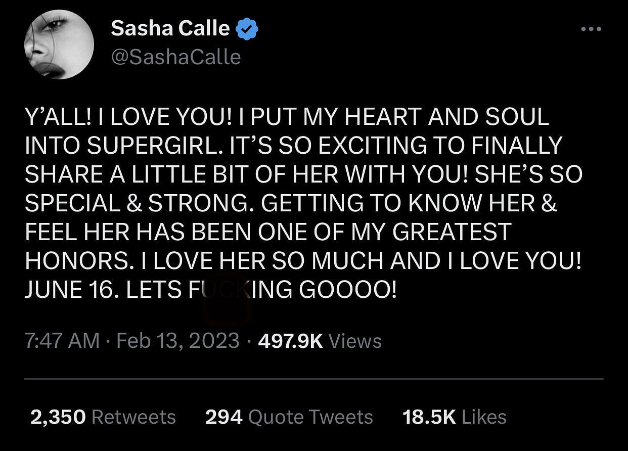 Screenshot of Sasha Calle&#039;s tweet (Image via Twitter)