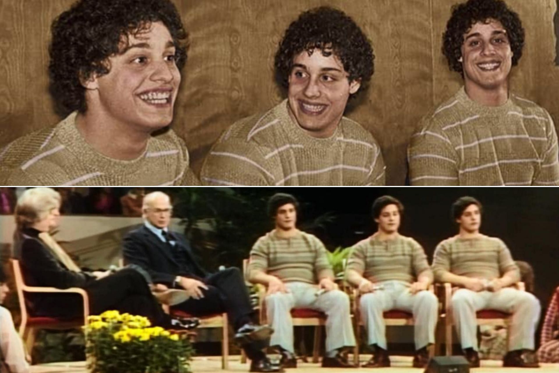 Collage of snippets from Three Identical Strangers. (Photo via IMDb/Sportskeeda)