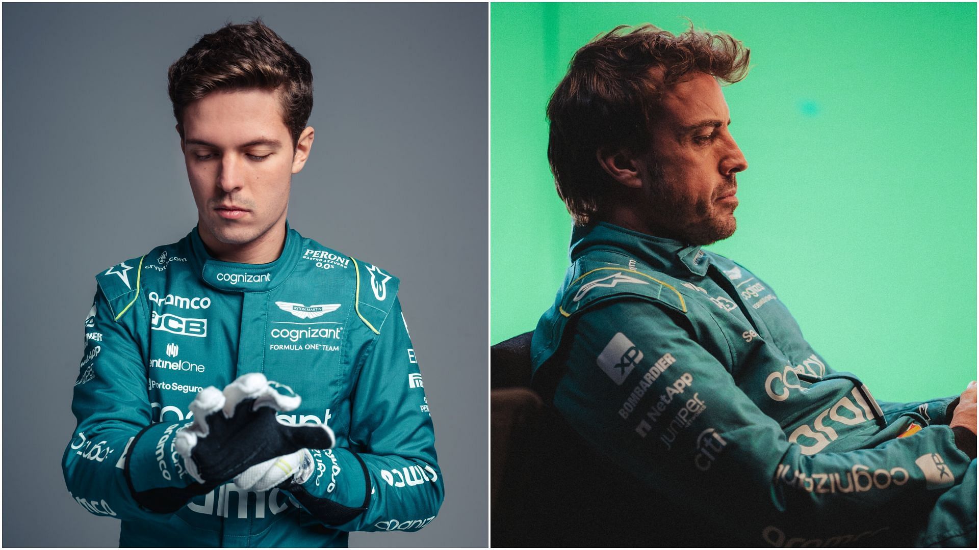Felipe Drugovich (Left) and Fernando Alonso (Right) (Collage via Sportskeeda &amp; Images via Twitter/@AstonMartinF1) 