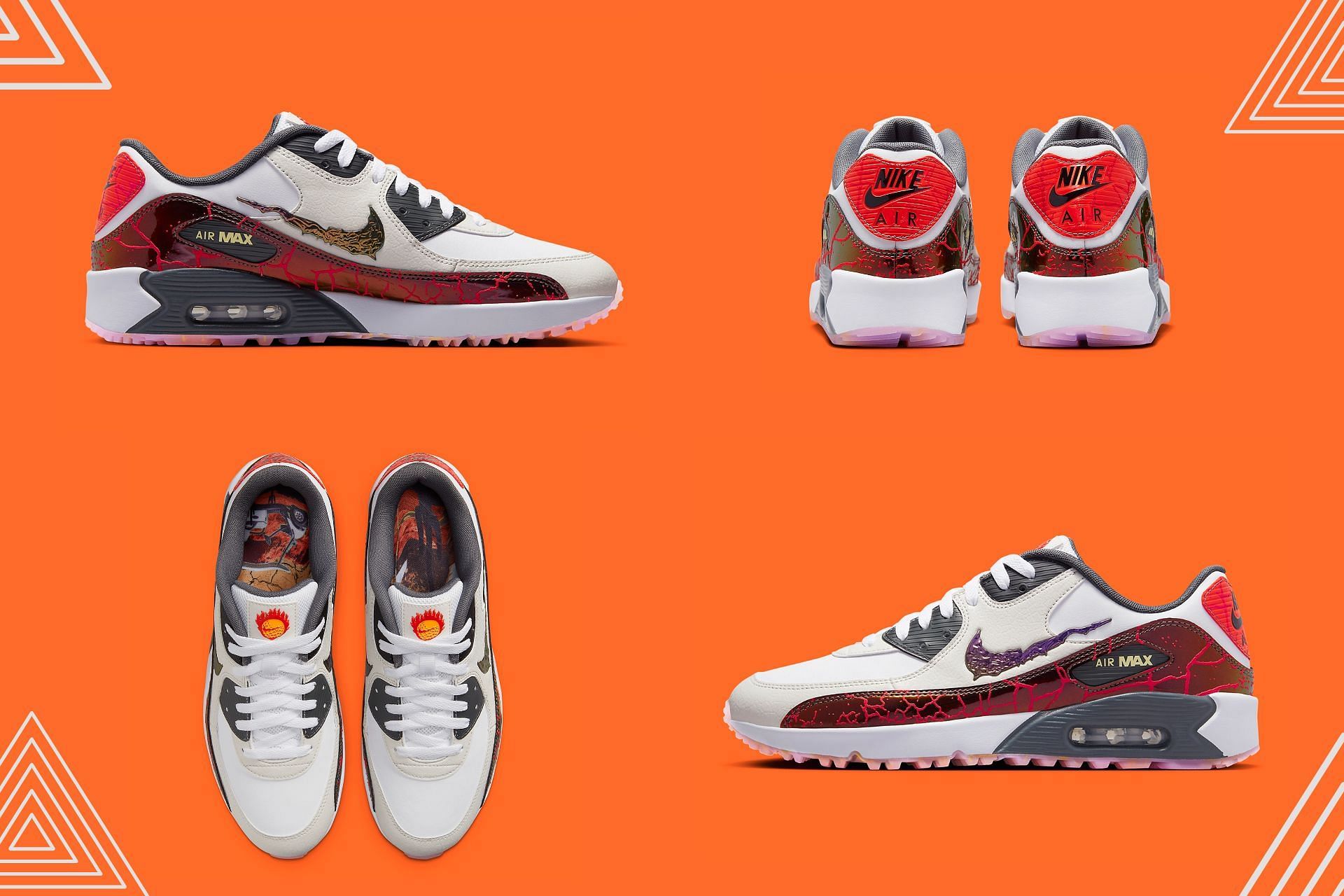 The upcoming Nike Air Max 90 Golf &quot;Desert&quot; sneakers feature melting swoosh logos on medial and lateral profiles (Image via Sportskeeda)