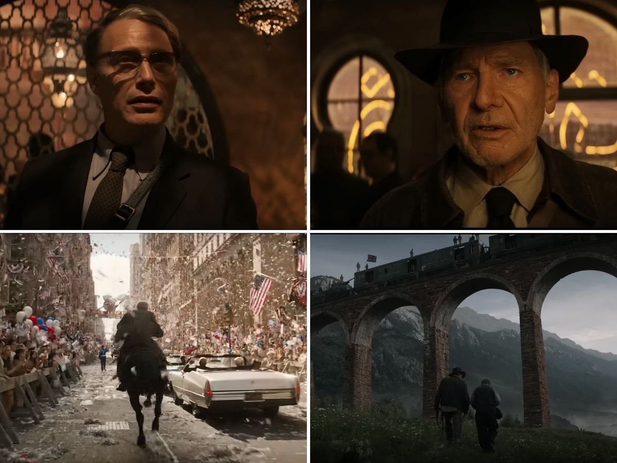 Collage of snippets from Indiana Jones and the Dial of Destiny trailer. (Photo via YouTube/Sportskeeda)