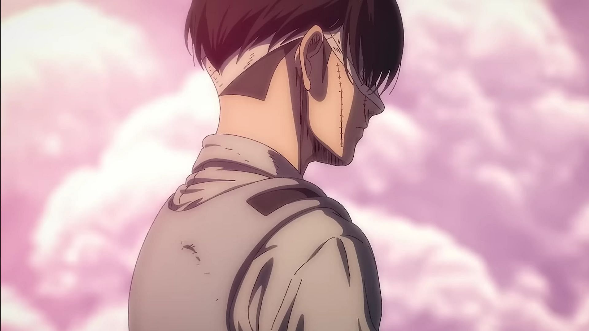 Levi&#039;s bandaged face and drooping shoulders as he faces away convey that life can take down even humanity&#039;s strongest soldier (Image via Studio MAPPA)