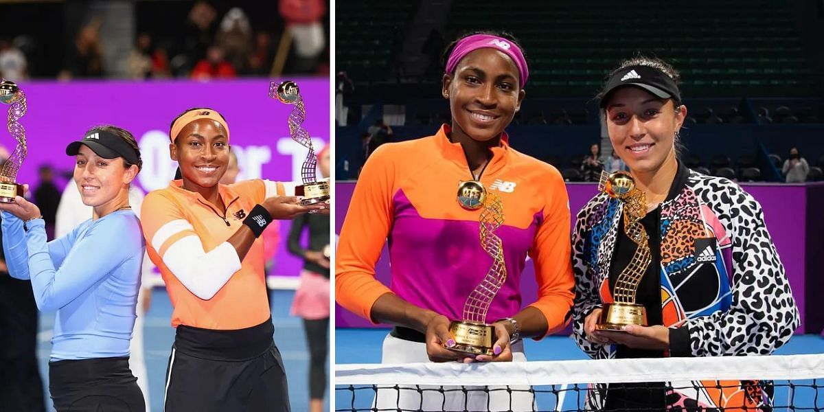 Jessica Pegula and Coco Gauff with their doubles title at Qatar Open in 2023 (L) and 2022 (R)