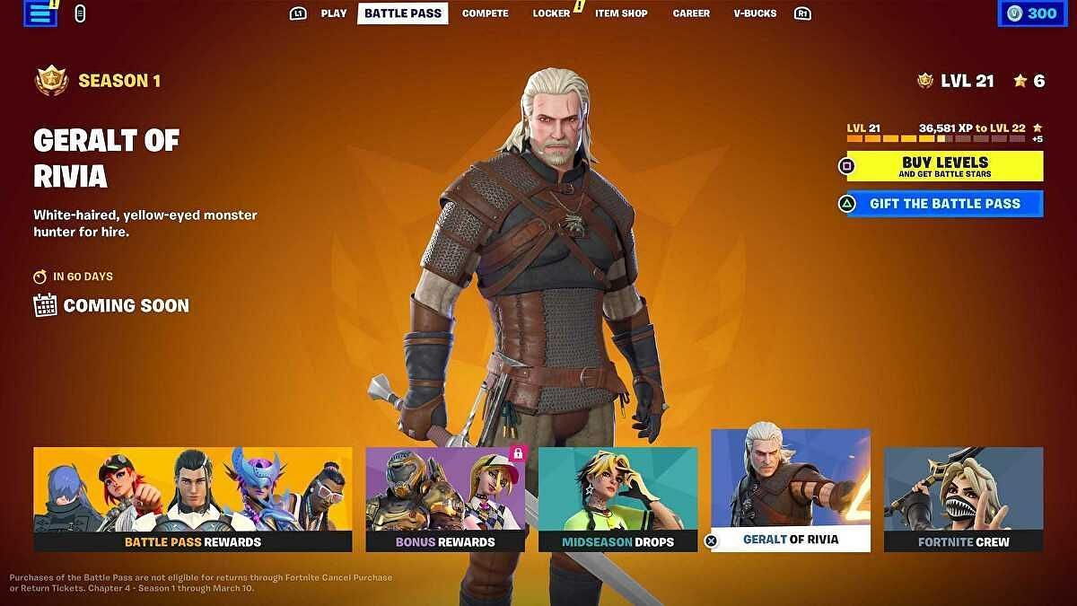 Geralt of Rivia is one of the best Chapter 4 skins (Image via Epic Games)
