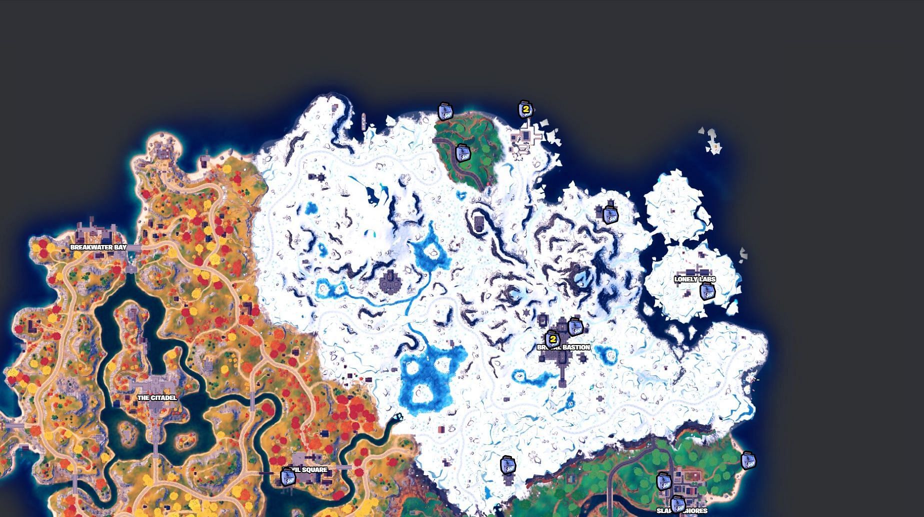 All Ice Machine locations in the Snow/Ice biome of Chapter 4 Season 1 (Image via Fortnite.GG)