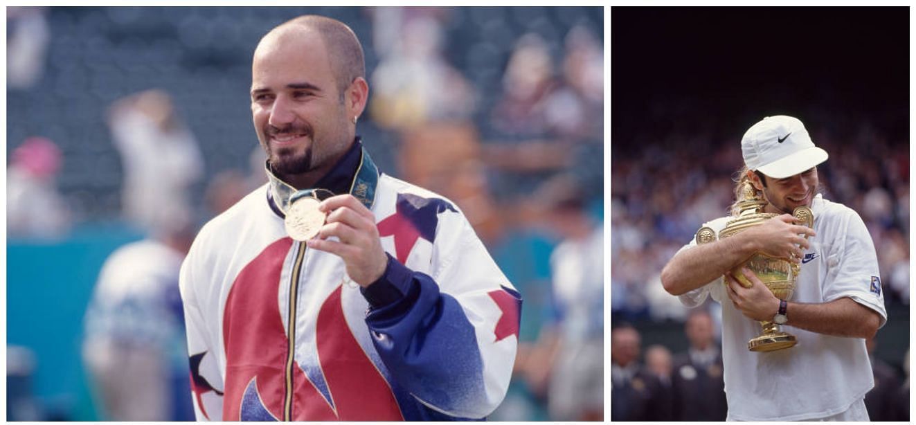 Andre Agassi with his Olympic Gold Medal (left) and Wimbledon title (right)