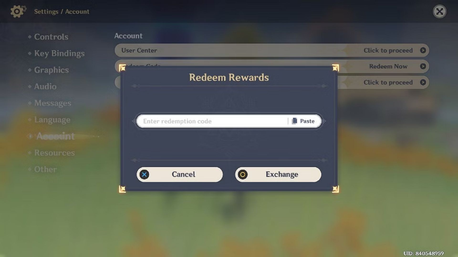 Redeeming the code through the in-game settings (Image via HoYoverse)