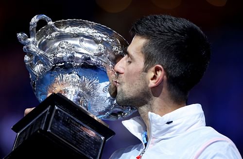 The Serbian superstar celebrates after winning the 2023 Australian Open.