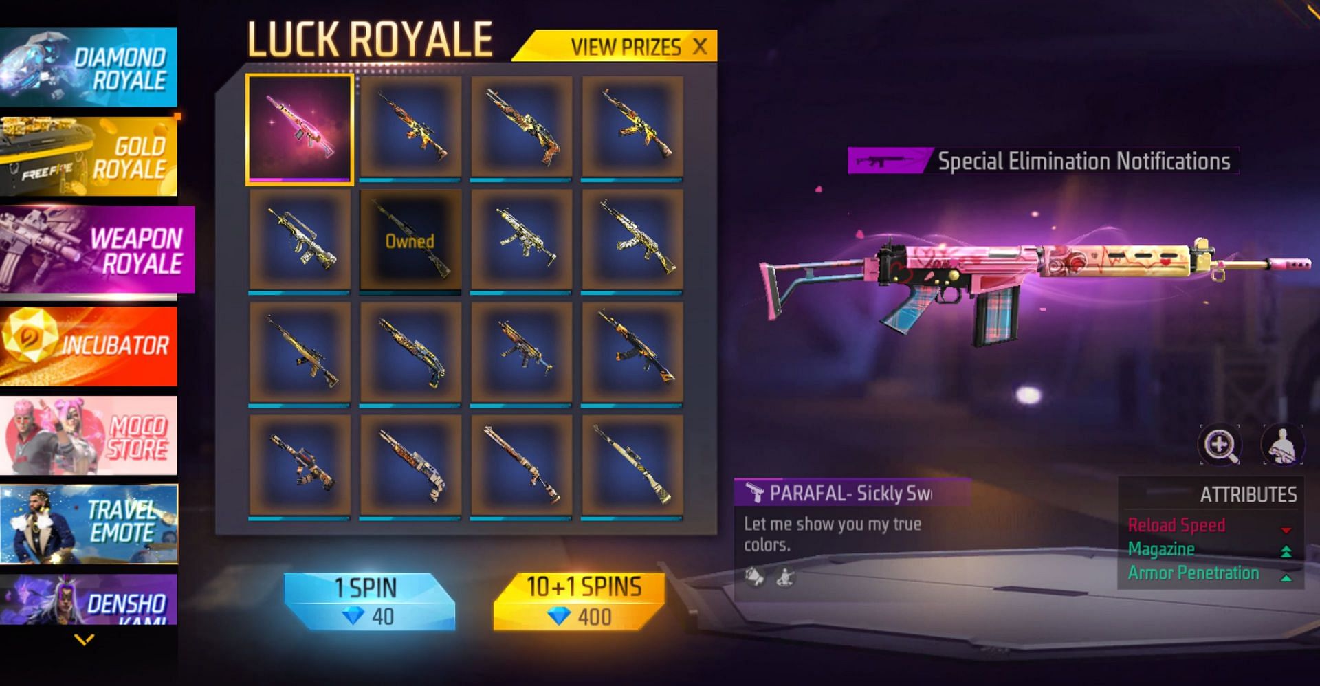 The prize pool of the current Luck Royale (Image via Garena)
