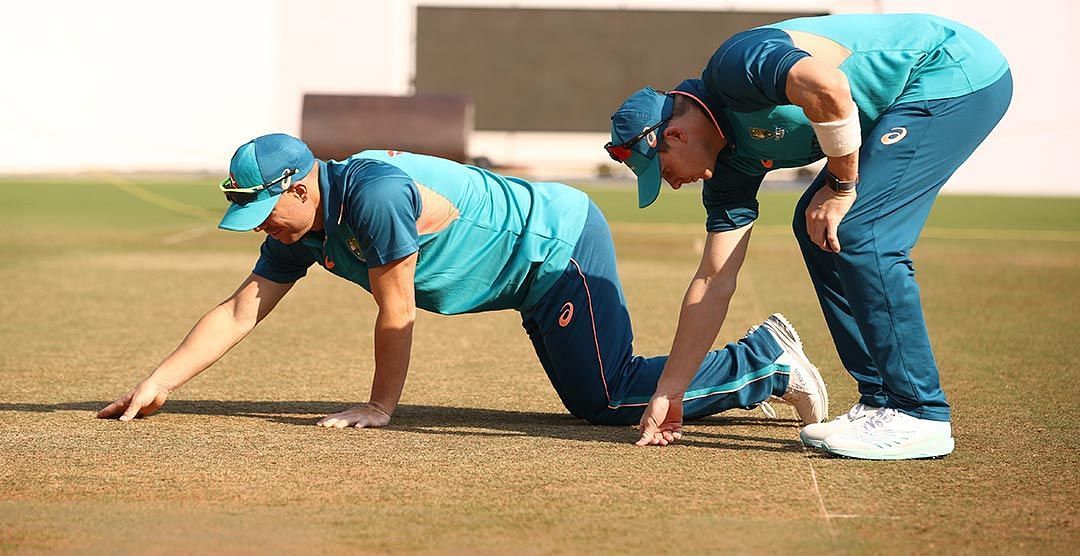David Warner and Steve Smith getting a feel of Nagpur pitch (P.C.:cricket.com.au)
