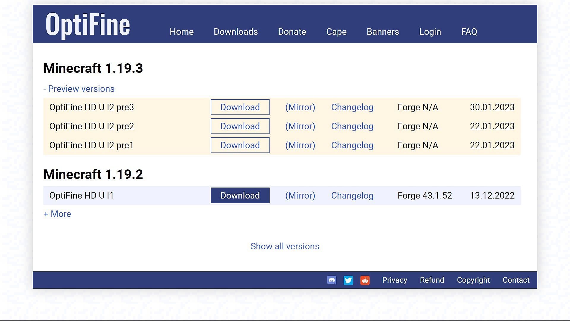 The OptiFine download page will show all the preview versions of the mod for Minecraft 1.19.3 (Image via Mojang)