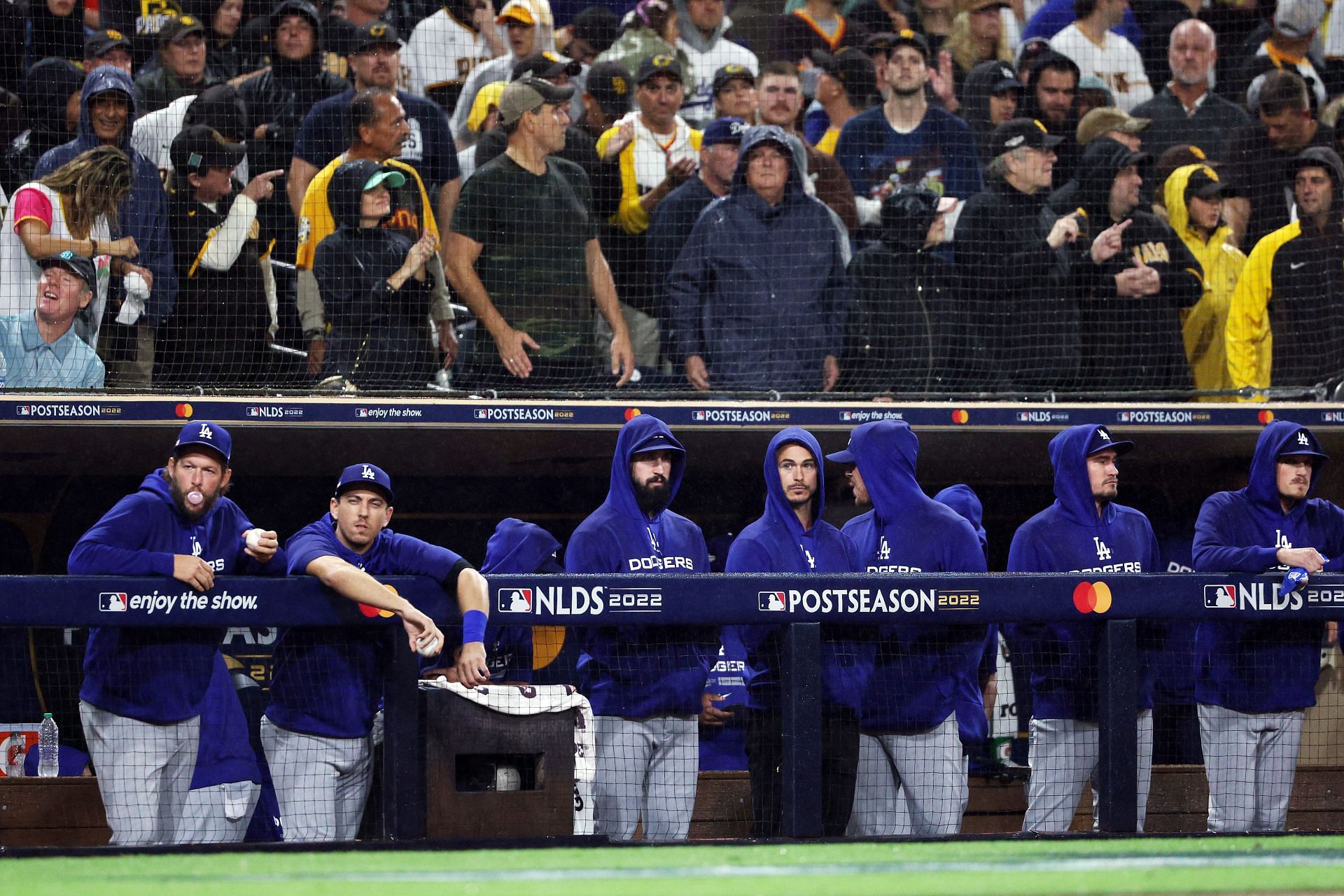 The Los Angeles Dodgers dugout reacts during the ninth inning against the San Diego Padres in Game 4 of the National League Division Series.