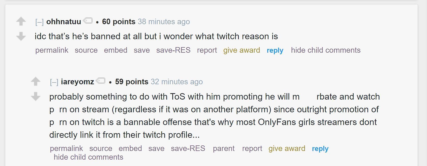 Fans on the streamer-oriented subreddit discussing the potential cause for the content creator&#039;s eighth ban on Twitch (Image via r/LivestreamFail)