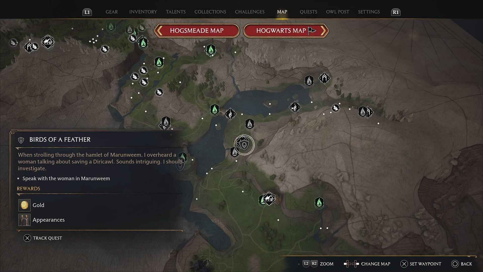 The location of the Birds of a Feather side quest in the in-game map of Hogwarts Legacy (Image via YouTube/Manugames92)