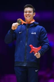 Gold medalist Brody Malone of United States poses during the medal ceremony for Men's High Bar Final on day nine of the 2022 Gymnastic World Championships at M&S Bank Arena on November 06, 2022 in Liverpool, England. (Photo by Laurence Griffiths/Getty Images)