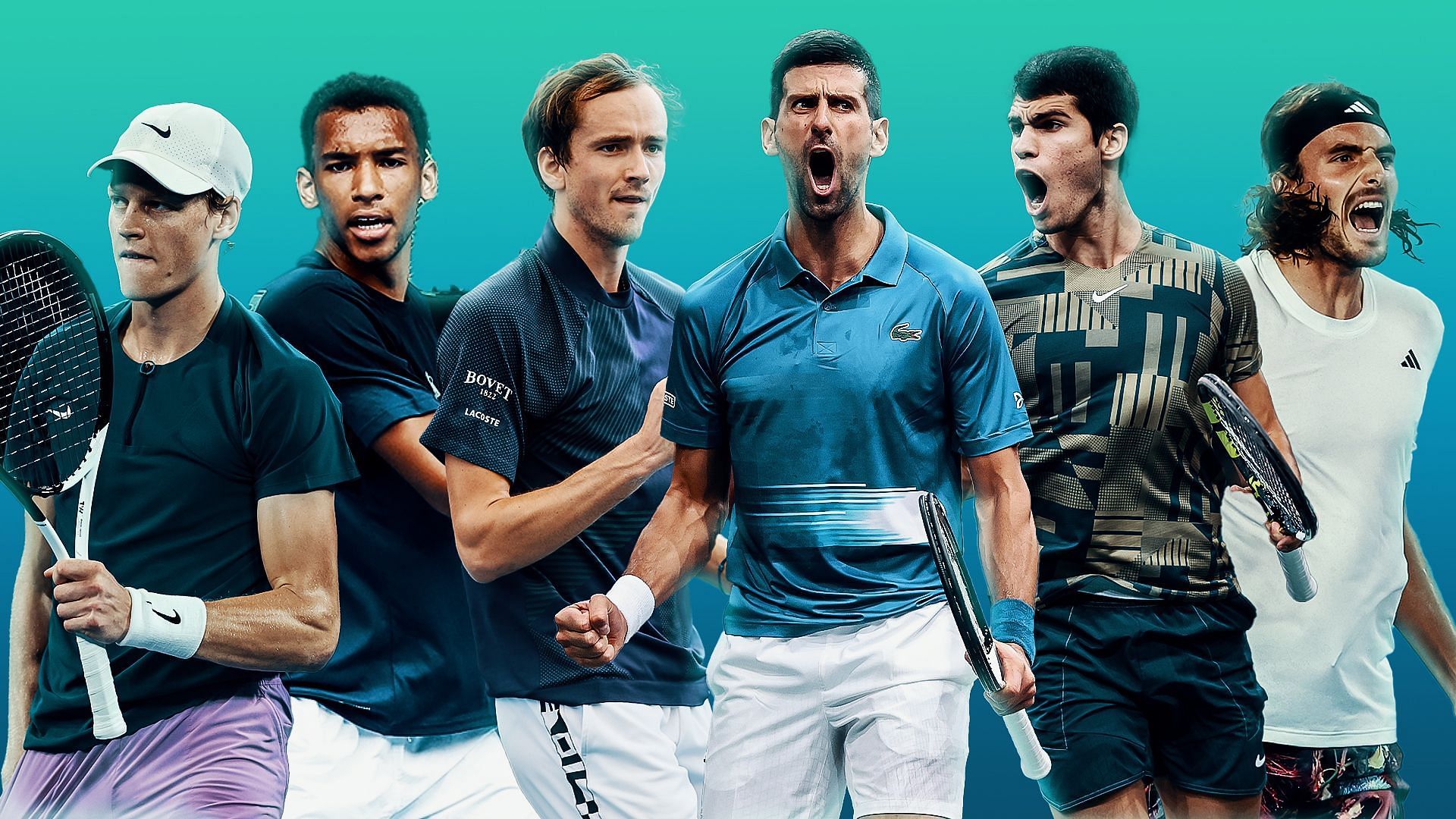 (Left to right)Jannik Sinner, Felix Auger Aliassime, Daniil Medvedev, Novak Djokovic, Carlos Alcaraz and Stefanos Tsitsipas
