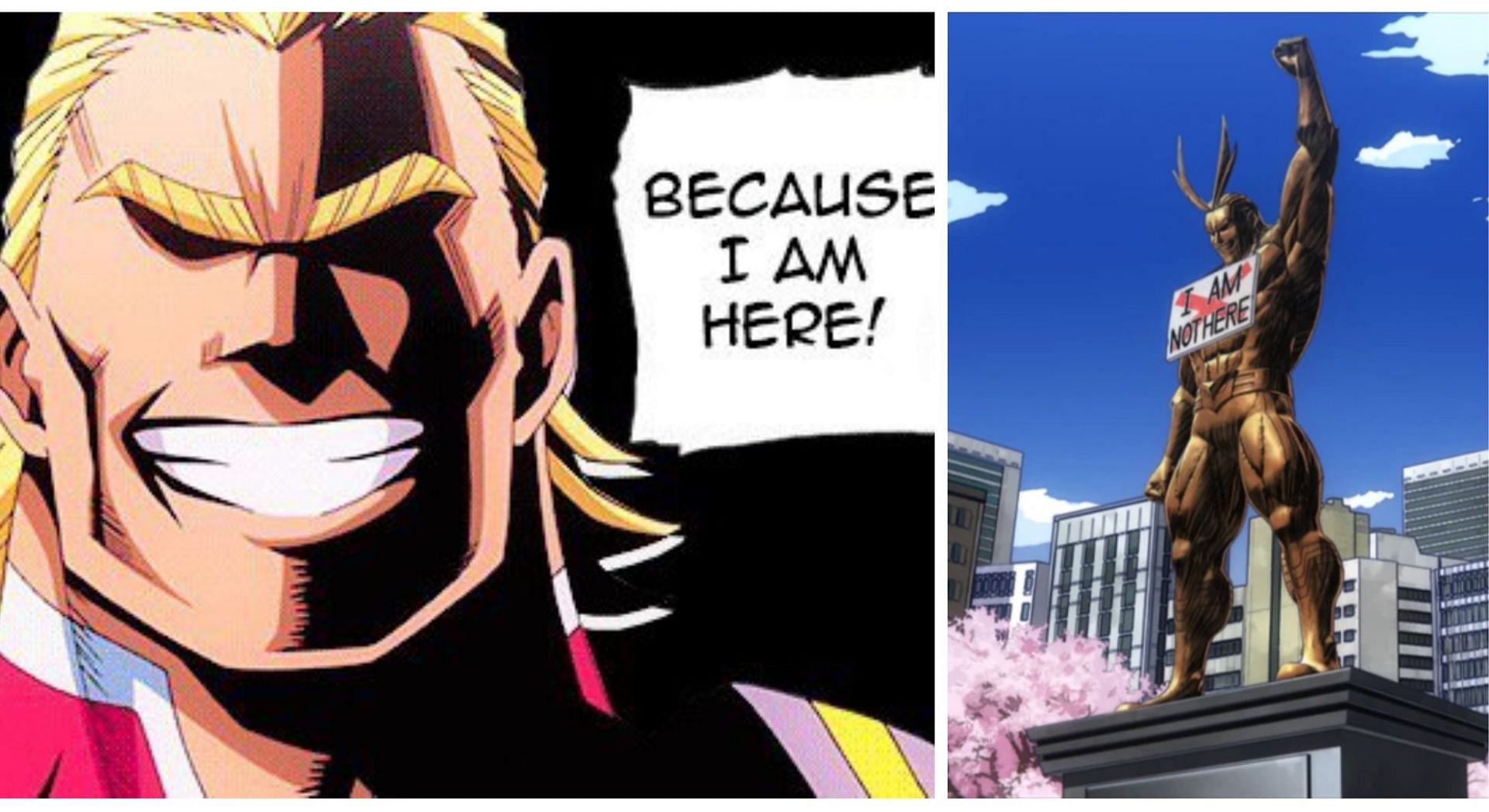 All Might&#039;s catchphrase, defiled on his Camino statue (Image via Sportskeeda)