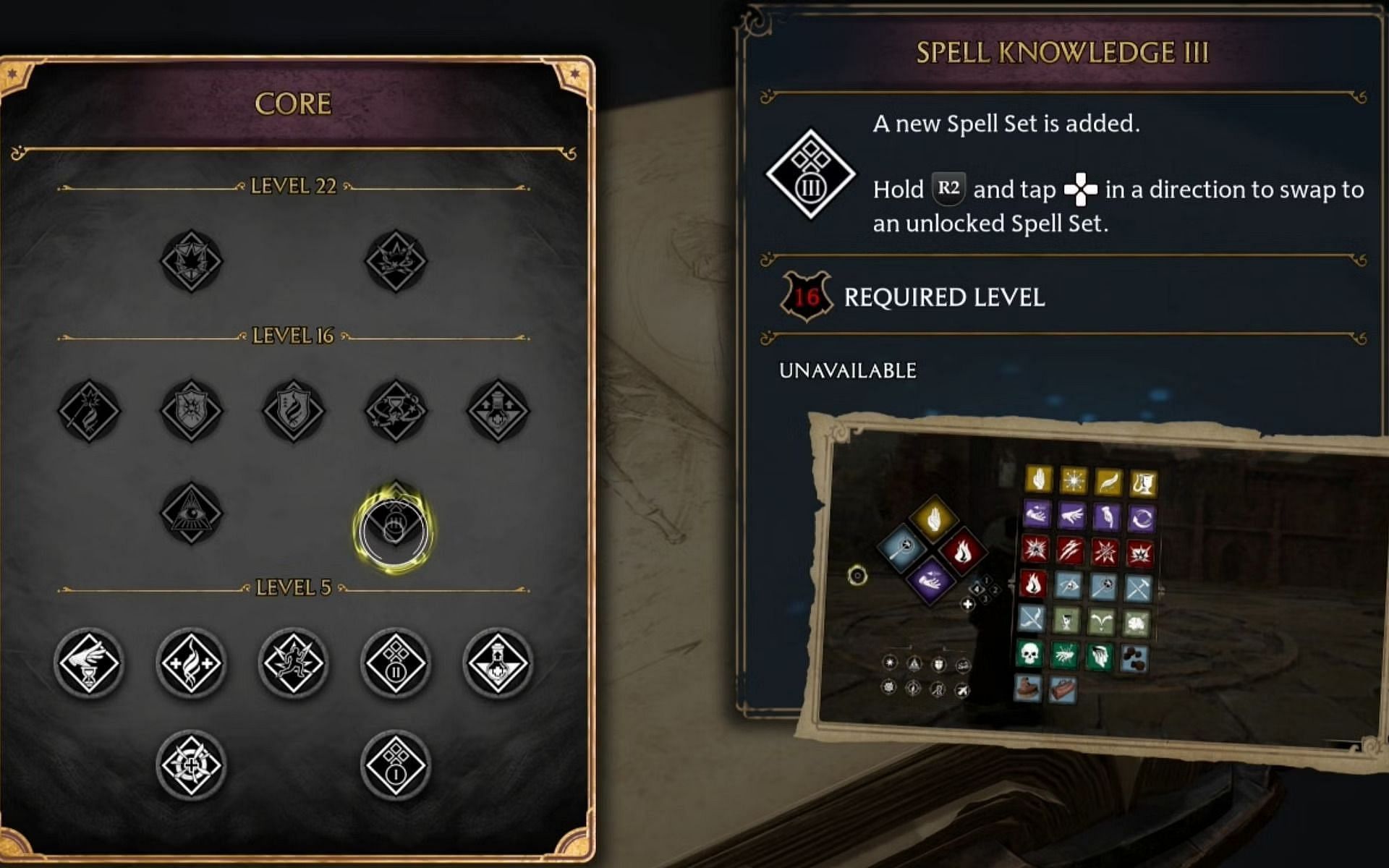 Spell Knowledge III enables players to have four spell sets (Image via WB Games)