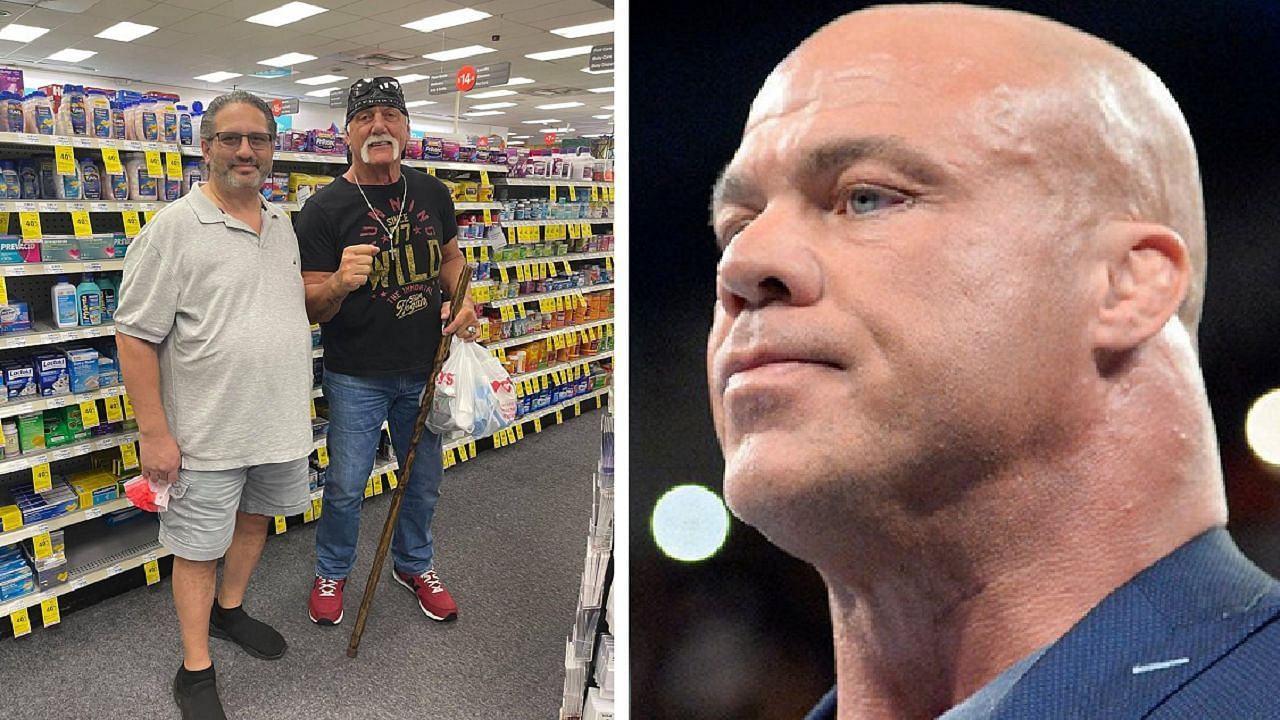 An old photo of Hogan using a cane (left); Kurt Angle (right)