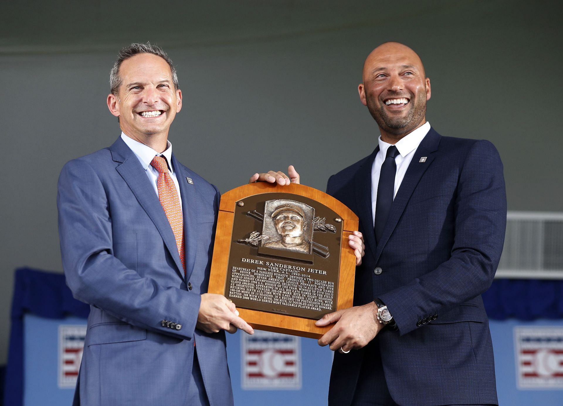 Derek Jeter accepts his plaque from interim Hall of Fame President Jeff Idelson during the Baseball Hall of Fame induction ceremony at Clark Sports Center on September 08, 2021, in Cooperstown, New York.