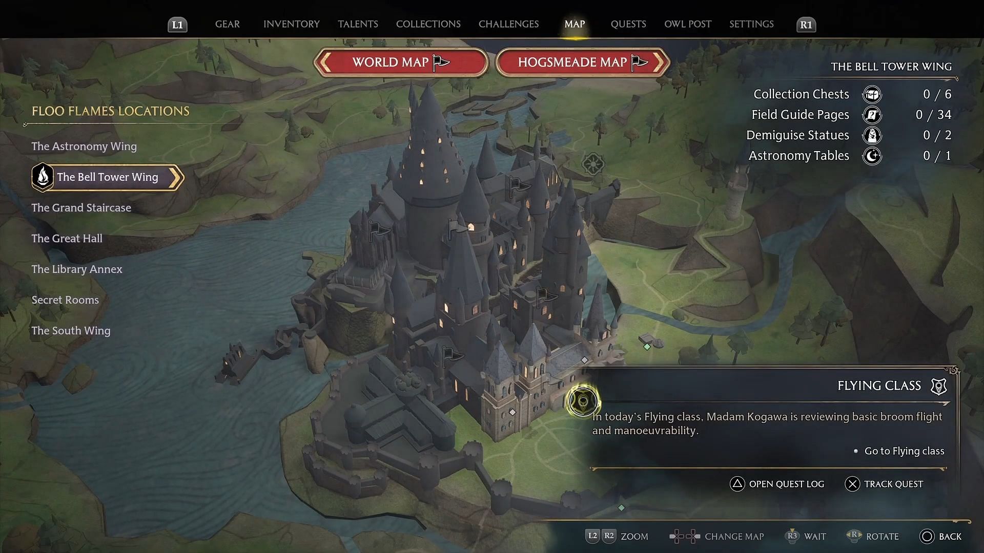 Location of the Flying Class quest in Hogwarts, via the map (Image via YouTube/Backseat Guides)