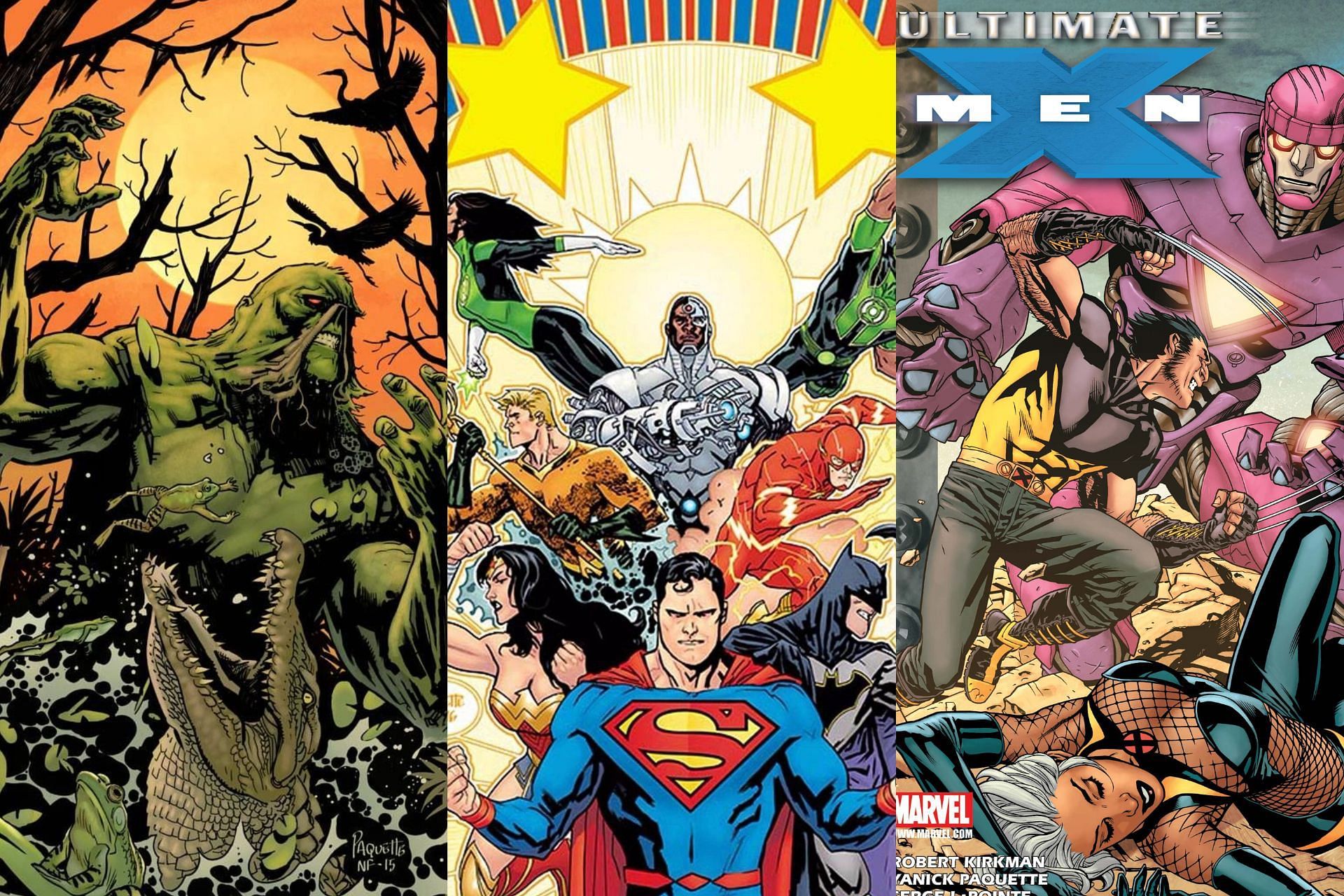 Swamp Thing, JLA and X-Men illustrated by Yanick Paquette (Images via DC and Marvel)