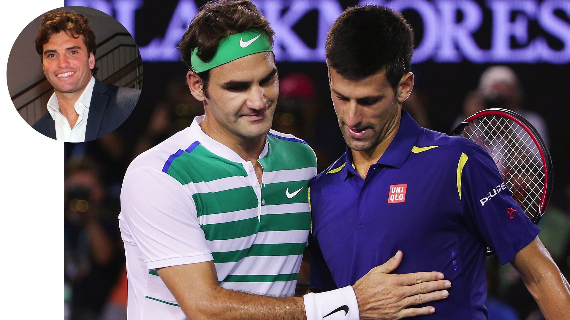 Roger Federer (Left) with Novak Djokovic and Malek Jaziri(Inset)