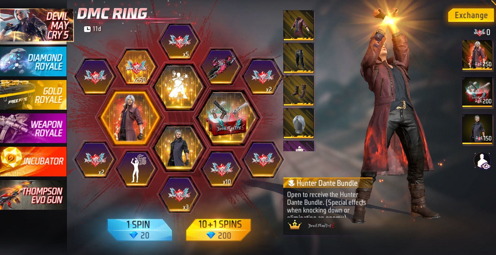 The price of spins in the current DMC Ring (Image via Garena)