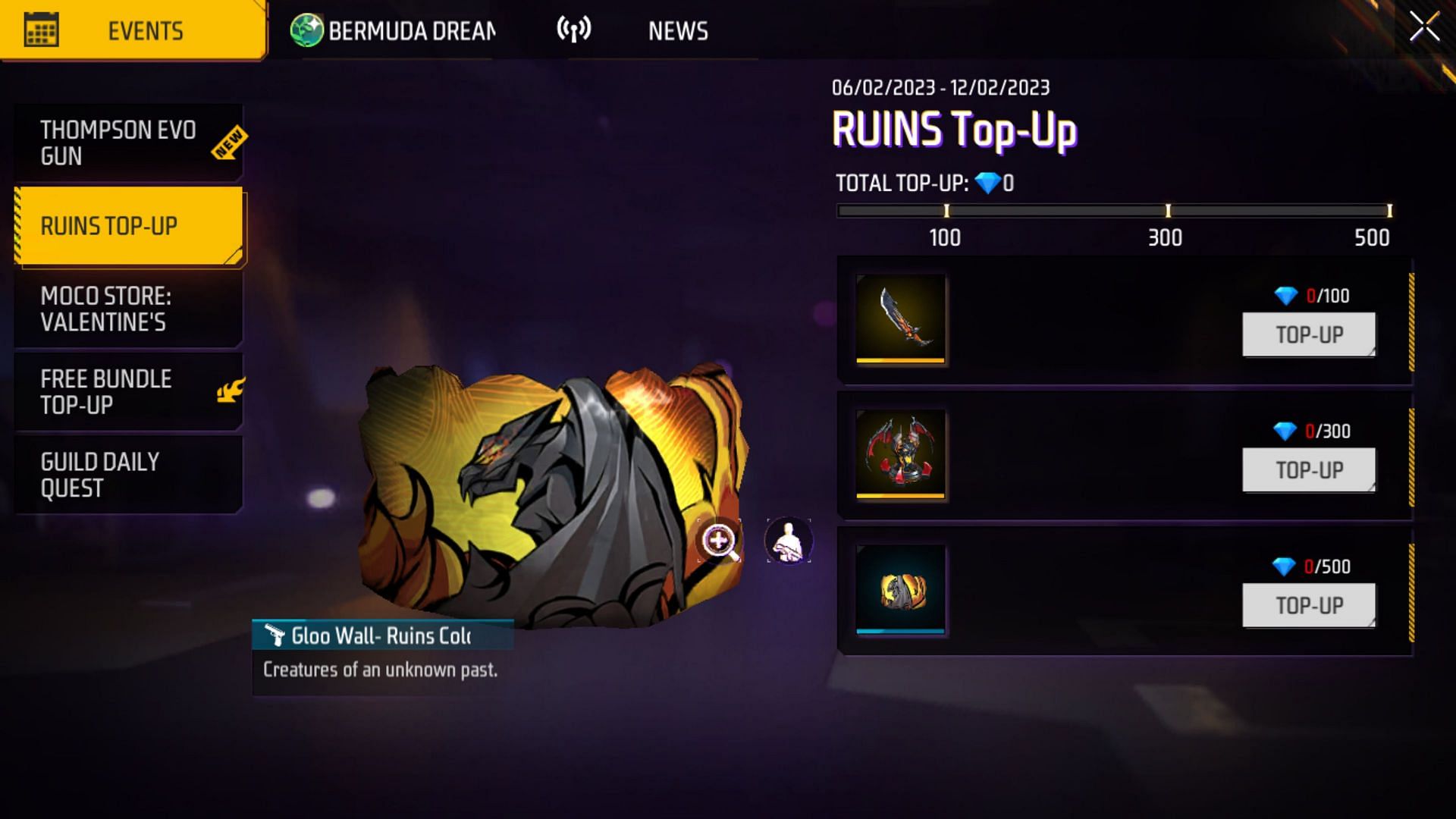 These are the requirements of the latest Ruins Top-Up event (Image via Garena)