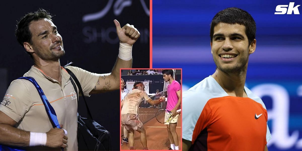 Carlos Alcaraz help Fabio Fognini after the Italian suffers a fall during their 2023 Rio Open match.