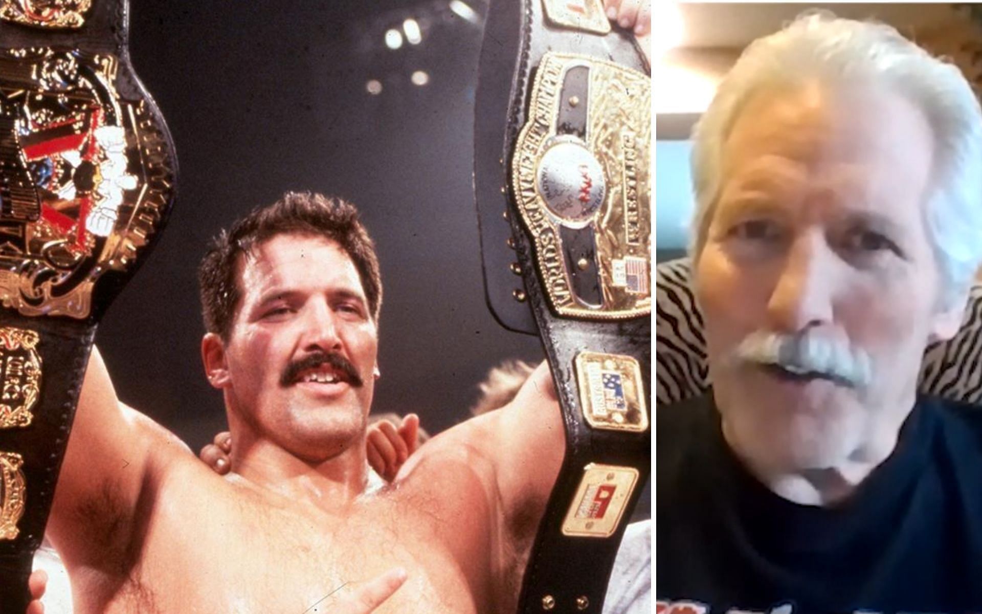 Dan Severn with the UFC Superfight and NWA championships (Left), and Dan Severn (Right) [Photo credit: @NFSportsExpo - Twitter, and Sportskeeda MMA Originals - YouTube]