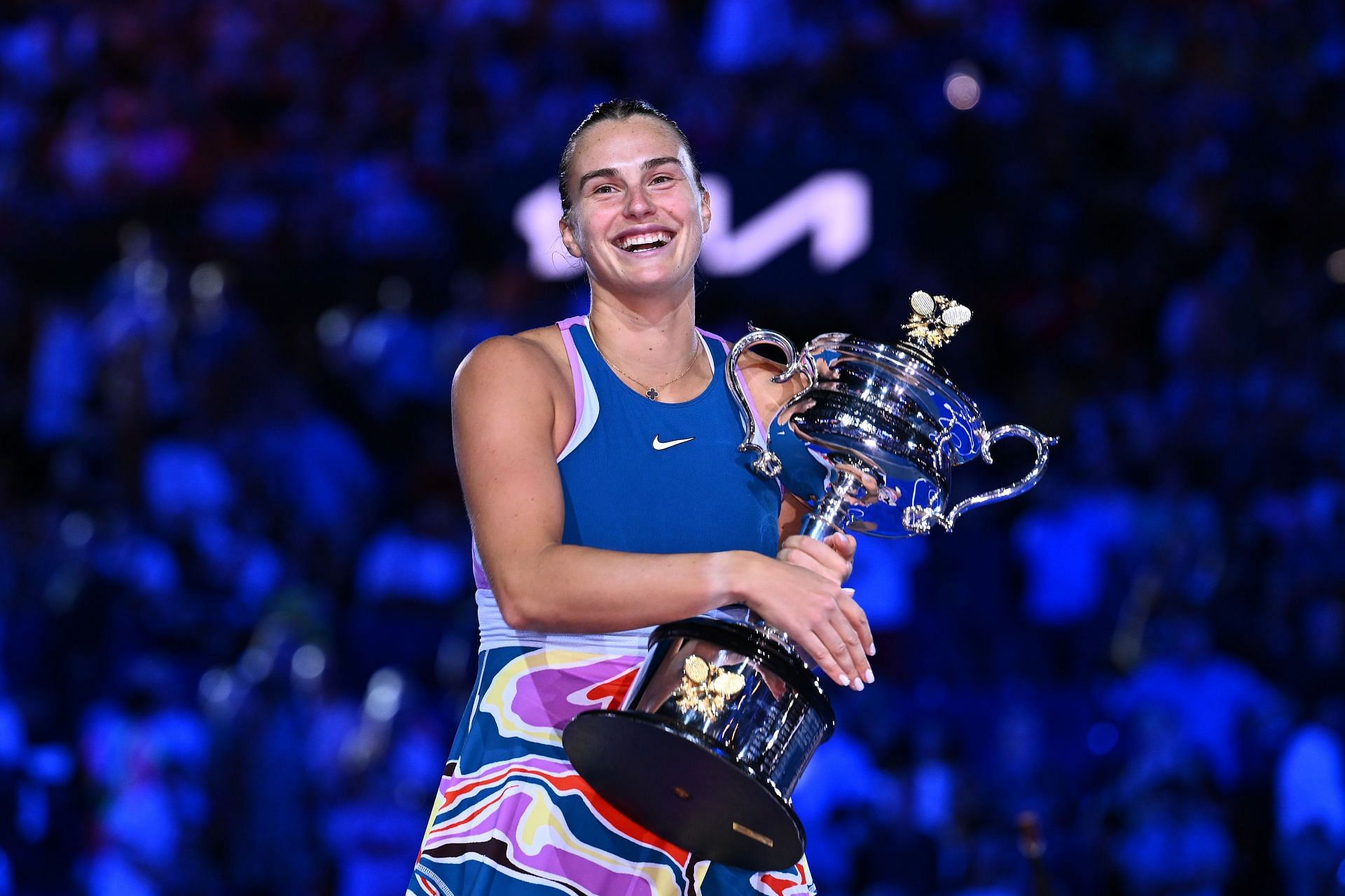 Aryna Sabalenka poses with the 2023 Australian Open trophy.