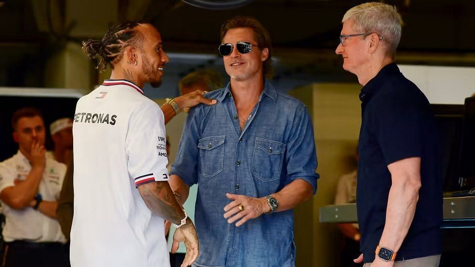Lewis Hamilton and Brad Pitt at COTA. Picture taken from @there_is_no_if on Twitter. 