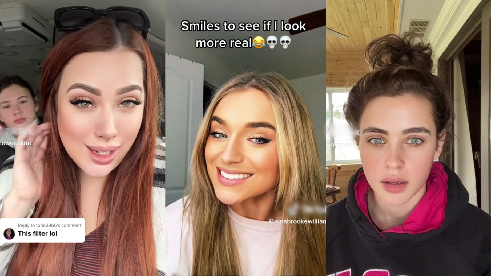 Bold Glamour filter has taken TikTok by a storm (Image via TikTok/@theweisslife, @_kaybrooks_,  @ginabrookewilliams)@