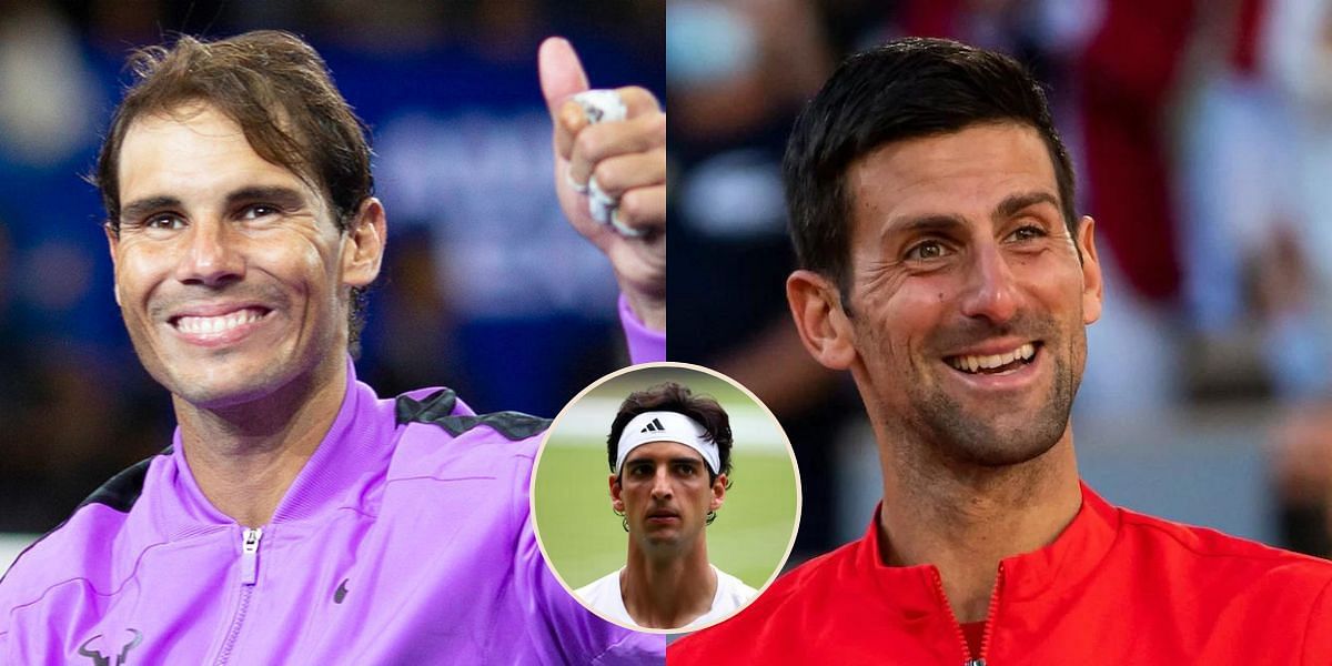 Rafael Nadal (L) and Novak Djokovic (R); Thomaz Bellucci (inset)