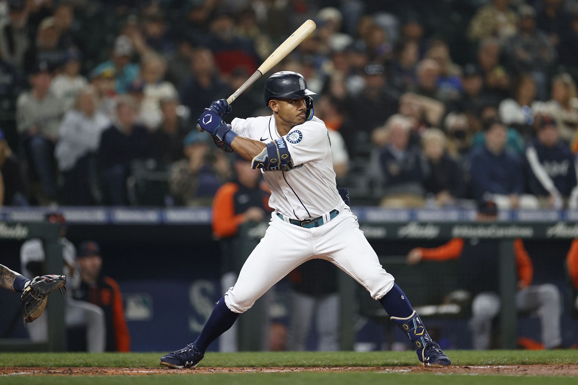 Julio Rodriguez of the Seattle Mariners hits a single against the Detroit Tigers at T-Mobile Park