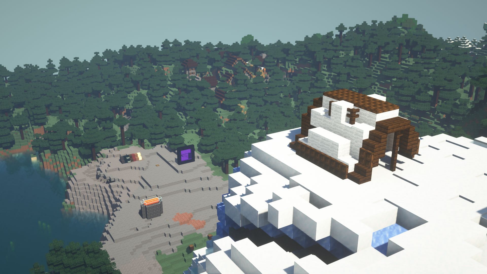 A picture of a hut and distant forest with SEUS shaders in Minecraft 1.19.3 (Image via Mojang)